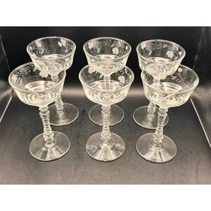 VTG‎ Set Of 6 Libbey Rock Sharpe Crystal Etched Floral Small Wine Glasses 5.75"